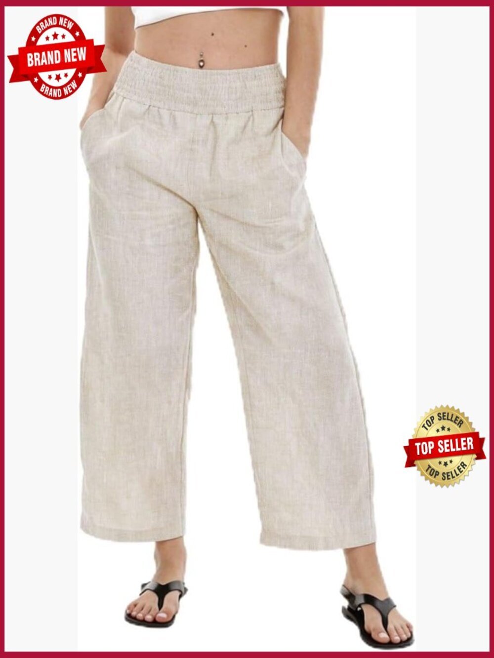 High-Waisted Linen Wide Leg Pants Smocked Trousers Boho Lounge
